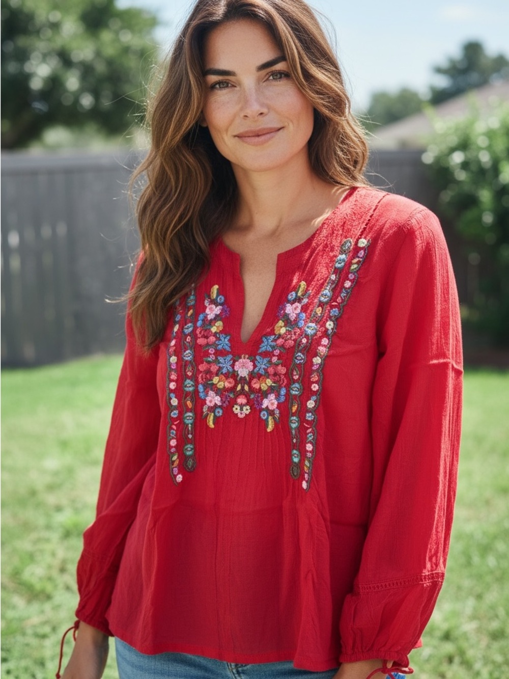 Johnny Was XS Red Embroidered Floral Boho Tunic Blouse Top